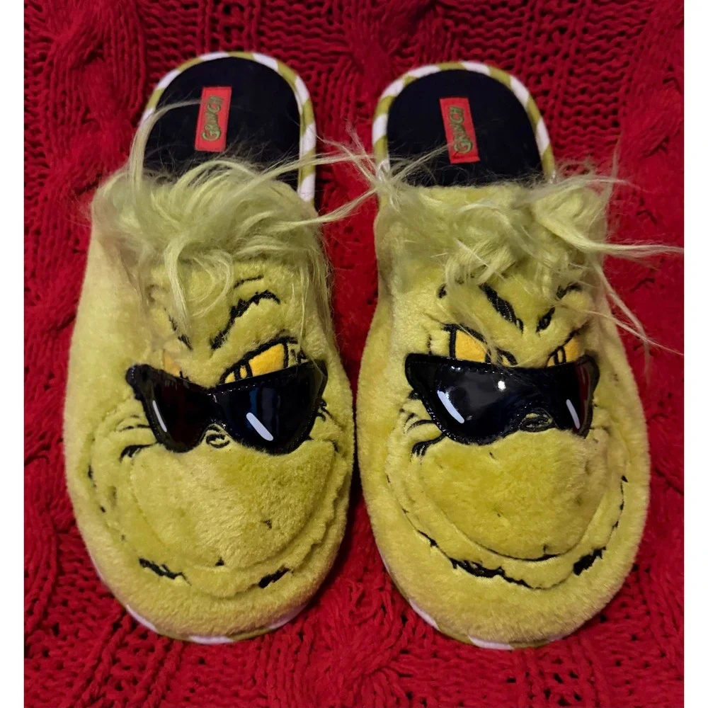 Dr. Seuss The Grinch Sunglasses Plush Slippers Mens 9-10 Green Novelty Shoes